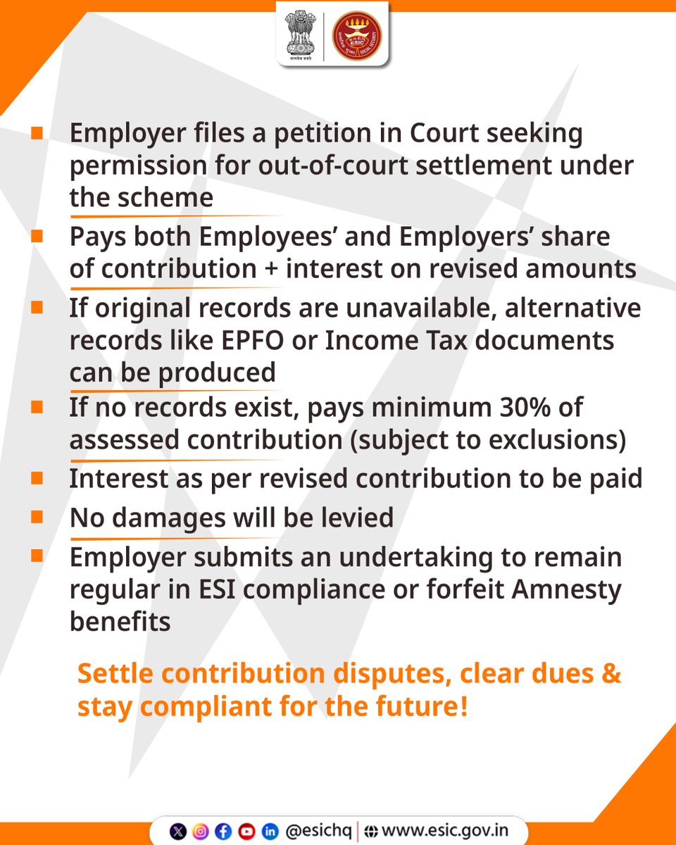 esichq's tweet photo. Clear Dues. Close Disputes. Stay Compliant!

 Under the Amnesty Scheme 2025, employers can resolve Dispute of Contribution cases smoothly and ensure continued compliance with ESIC.

#ESIC #AmnestyScheme2025 https://t.co/KhWODOLsb9
