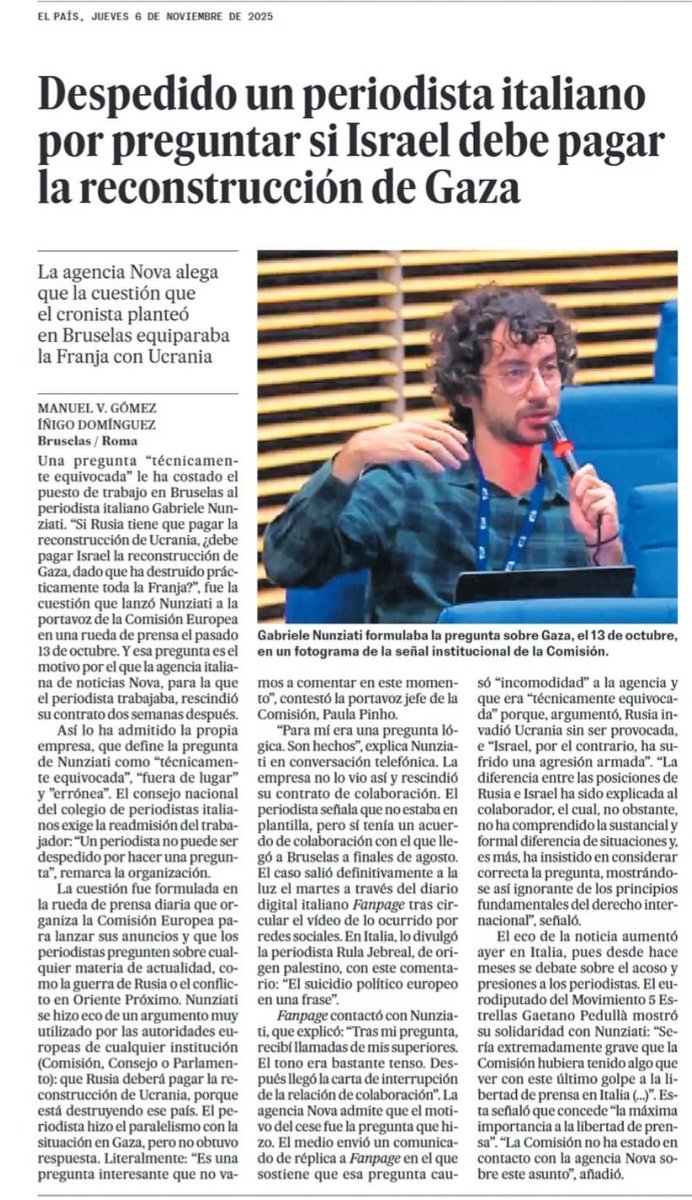 La <a href="/AgrupacionUgt/">Agrupación de Periodistas de UGT</a> muestra su solidaridad con el periodista Gabriele Nunziati despedido por preguntar si "debe pagar Israel la reconstrucción de Gaza" , y recuerda que ningún periodista puede ser despedido por hacer  las preguntas que considere necesarias.
via <a href="/elpais_espana/">EL PAÍS España</a>