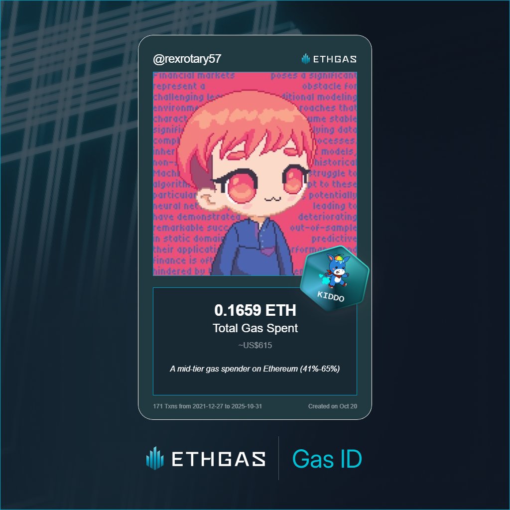 rexrotary57's tweet photo. Discovered my Gas ID via ETHGas - turning my gas spend into rewards 🫘

As a Kiddo Jack, I've spent 0.1659 ETH on gas but earned 50 Beans back.

Get your Gas ID and Beans here: https://t.co/Z2nPvOACco https://t.co/8Rz8zvtbIj