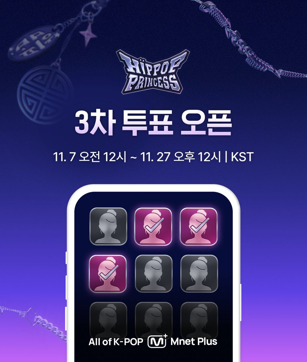 mnetplus's tweet photo. [#힙팝프린세스] 3차 투표 오픈

이제 ❛오직 3명❜만 선택 가능📣
당신의 투표로 파이널 진출자를 결정해주세요!

🗳️투표 플랫폼
・한국 & 글로벌 (일본 제외)：Mnet Plus 
👉https://t.co/g259KekcfB
・일본：U-NEXT
👉https://t.co/sxJxG0KoNL

📅 11/7 오전 12시 ~ 11/27 오후 12시 (KST)
✔️ ID 당 1일 1회 투표 가능

𝙈𝙖𝙠𝙚 𝙮𝙤𝙪𝙧𝙨𝙚𝙡𝙛. 𝙈𝙖𝙠𝙚 𝙢𝙮𝙨𝙚𝙡𝙛.
〈언프리티 랩스타 : 힙팝 프린세스〉
매주 목요일 밤 9시 50분 방송

==
[#HIPPOPPrincess] 第3次投票開始

いよいよ ❛3名のみ❜ 選択可能📣
あなたの投票でファイナル進出者を決めてください！

🗳️投票ページ
・KOREA & GLOBAL (except JAPAN)：Mnet Plus
👉https://t.co/g259KekcfB
・JAPAN：U-NEXT
👉https://t.co/sxJxG0KoNL

📅 11/7 午前12時 ～ 11/27 正午 (KST)
✔️ IDごとに1日1回投票可能

𝙈𝙖𝙠𝙚 𝙮𝙤𝙪𝙧𝙨𝙚𝙡𝙛. 𝙈𝙖𝙠𝙚 𝙢𝙮𝙨𝙚𝙡𝙛.
<Unpretty Rapstar : HIP POP Princess>
毎週木曜日の夜9時50分放送 (KST)

==
[#HIPPOPPrincess] 3rd Vote Open

Now only ❛3 can be chosen❜ 📣
Your vote will decide who makes the final!

🗳️Voting Platforms
・KOREA & GLOBAL (except JAPAN)：Mnet Plus
👉https://t.co/g259KekcfB
・JAPAN：U-NEXT
👉https://t.co/sxJxG0KoNL

📅 Nov 7, 12AM ~ Nov 27, 12PM (KST)
✔️ 1 vote per ID per day

𝙈𝙖𝙠𝙚 𝙮𝙤𝙪𝙧𝙨𝙚𝙡𝙛. 𝙈𝙖𝙠𝙚 𝙢𝙮𝙨𝙚𝙡𝙛.
<Unpretty Rapstar : HIP POP Princess>
Every Thursday at 9:50 PM (KST)

#VotePlayLove #All_of_KPOP #MnetPlus #엠넷플러스
#HIPPOPPrincess #3rdVote #힙팝프린세스 #3차투표
#HipPop #힙팝 #ヒポプリ #Mnet #엠넷 #UNEXT 
@hippopprincess_ @MnetKR