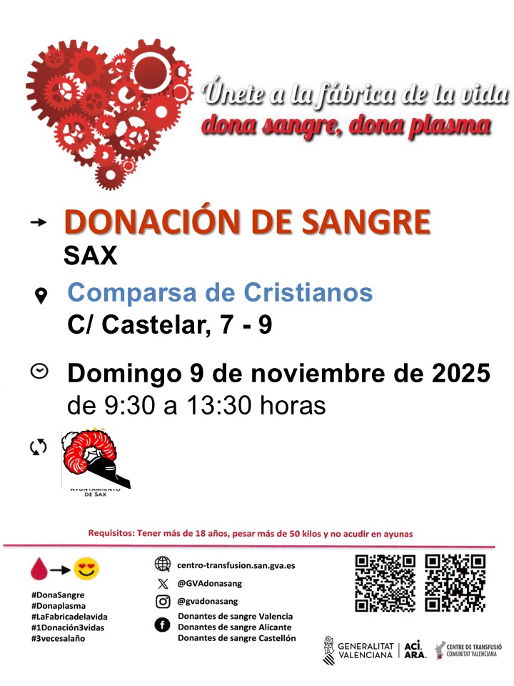 GVAdonasang's tweet image. Dona sang en #Sax 🩸
📅 Diumenge #9novembre
La donació de sang és un acte segur, ràpid i senzill.

👉#DonaSang, salvar vides depén de tu.
T'esperem!