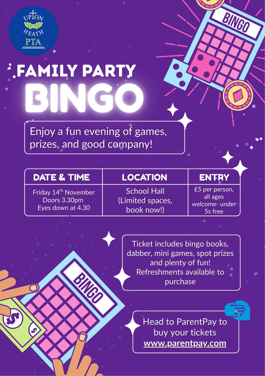 Eyes down! Tickets available to purchase via your ParentPay account. Refreshments available on the night 🥂- will you be one of our lucky winners? 🎉 #pta #uptonheath #bingo