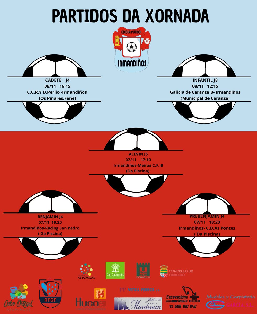 Volvemos a ter futbol na escola! Esta semana teremos o F8 na casa o viernes, e os nosos equipos de F11 disputarán os seus partidos como visitantes.
Adiante Irmandiños!