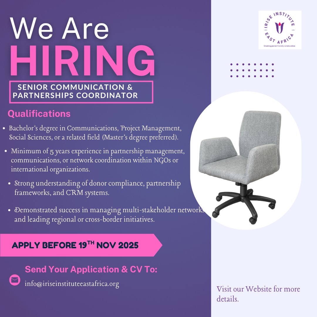 📢 Exciting Opportunity Alert!
Join our team as the Senior Communication &amp; Partnerships Coordinator at Irise Institute East Africa.
Are you passionate about communication &amp; strategic partnerships to amplify impact? This role is for you!
🗓️ Deadline: 19th Nov 2025
📩 Apply: