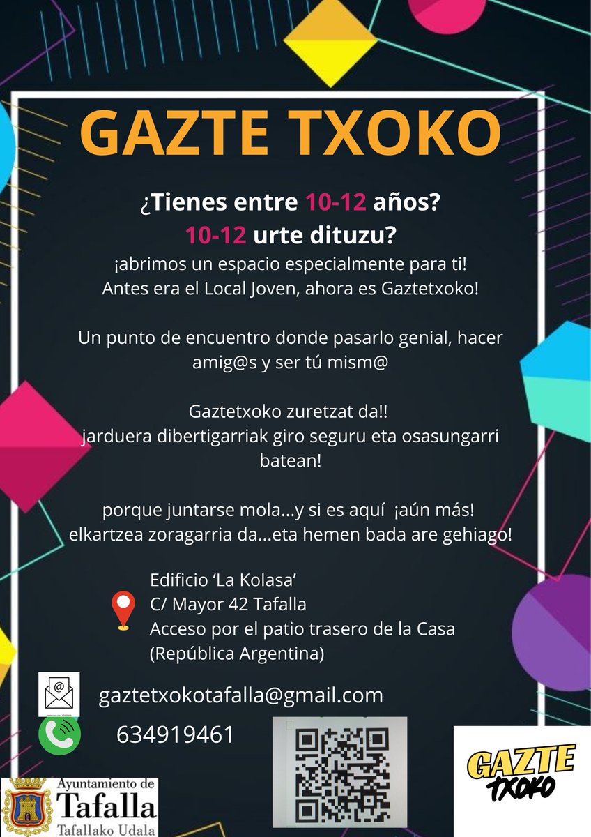 👩‍🦱🧑‍🦰Reapertura del Local Joven este viernes 7 de noviembre a partir de las 17:00 en La Kolasa
tafalla.es/noticias/reape…
-------------------
👩‍🦱🧑‍🦰Ostiral honetan, azaroak 7, arratsaldeko 17:00etan Gazte Lokala irekiko da La Kolasan
tafalla.es/eu/noticias/ga…