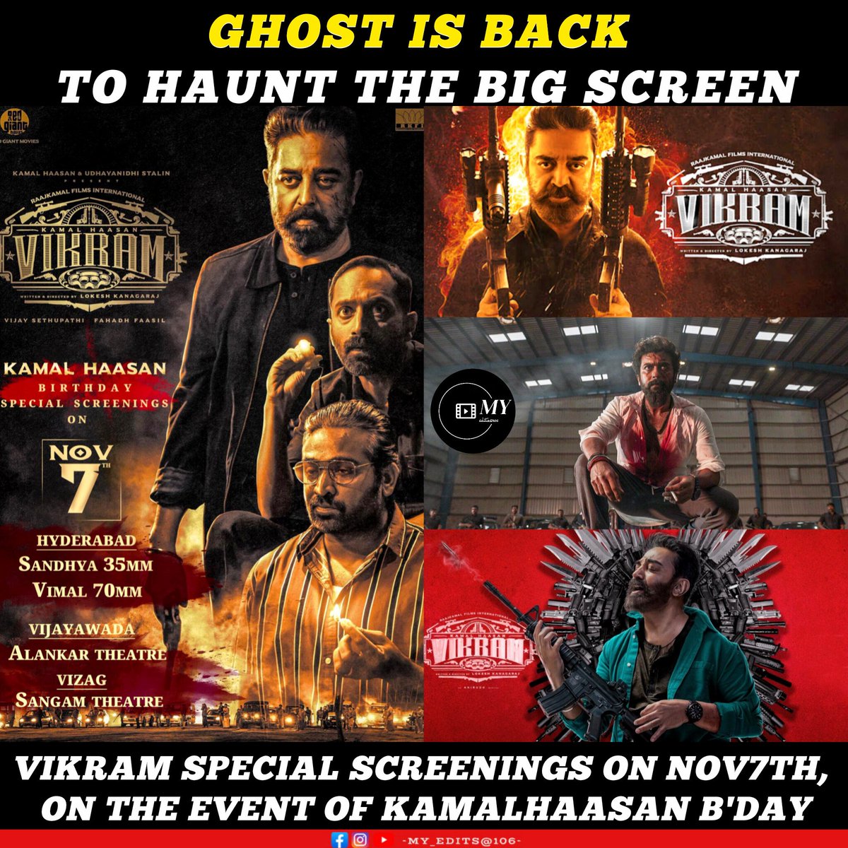 YaswanthPowers5's tweet photo. The Eagle is coming againπ₯π₯³π₯³
Vikram movie special screening in selected theatres on the event of Ulaganayagan KamalHaasan birthday
#vikram #VikramMovie #LCU #Leo #Dilli #Suriya
#VikramHitList #rolex https://t.co/dBah2MR5RG