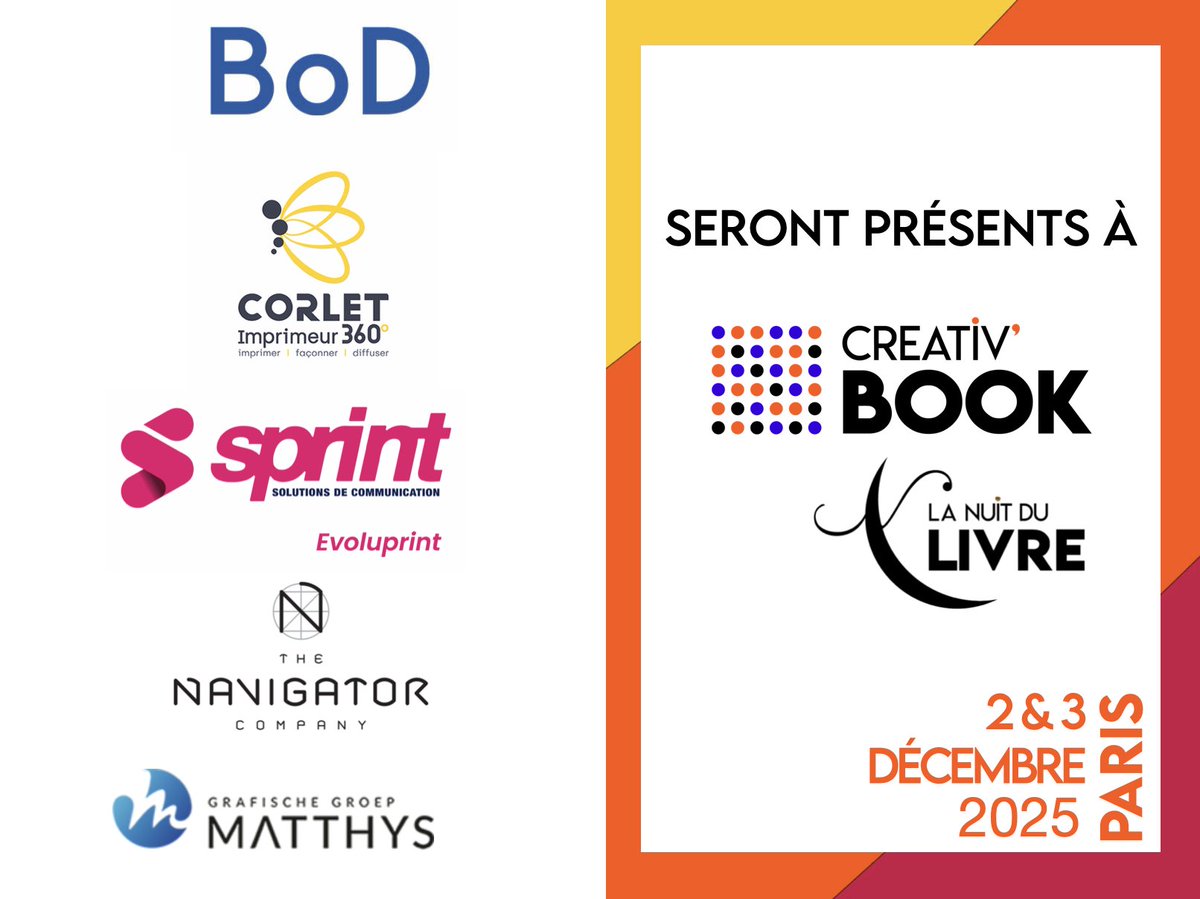 [EXPOSANTS]
De nouveaux experts de la chaîne du livre nous ont rejoint ! ✨
<a href="/booksondemanddk/">BoD</a> - CORLET IMPRIMEUR <a href="/Evoluprint/">evoluprint</a> - THE NAVIGATOR COMPANY - GROEP MATTHYS 
Retrouvez les exposants de #creativbook ici : urls.fr/lM4TQg
Inscrivez-vous👉urls.fr/ARdOIO