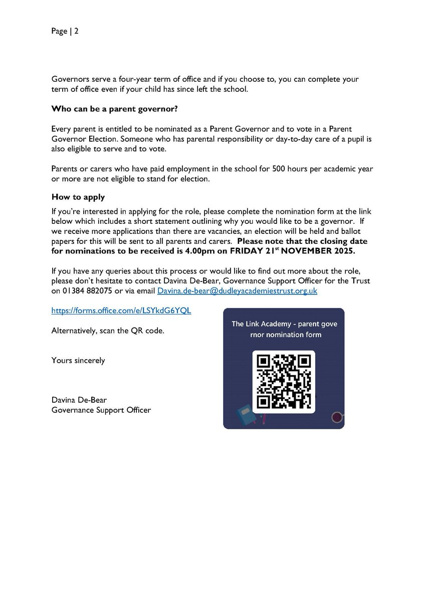 Parent Governor position vacancy. 
Please read the attached for more information.

If you’re interested in applying for the role, please complete the form at the link below which includes a short statement outlining why you would like to be a governor. 

forms.office.com/e/LSYkdG6YQL