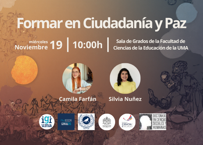 📢Conferencia "Formar en Ciudanía y Paz"
 🗓️19 de noviembre de 2025
 🕑10:00 h
 📍Sala de Grados de la Facultad de Ciencias de la Educación de la Universidad de Málaga
 ℹ️ Más información👇👇
 u.uma.es/g5k/