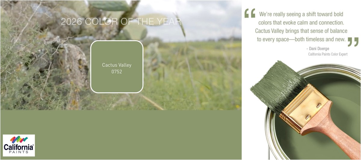 CALIFORNIA PAINTS 2026 COLOR OF THE YEAR: CACTUS VALLEY (0752)

Read more: fashiontrendsetter.com/v2/2025/11/06/…

via <a href="/FTrendsetter/">Fashion Trendsetter</a>

Photos courtesy of California Paints 

#CaliforniaPaints #ColorOfTheYear2026 #color #trends #coloroftheyear #paintcolors #interiordesign