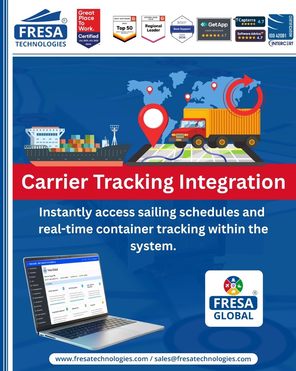 Carrier Tracking Integration
Instantly access sailing schedules and real-time container tracking within the system.

🔗fresatechnologies.com/products/fresa…

#FresaGlobal #AIPoweredERP #FreightERP #LogisticsSoftware #SmartLogistics #Automation #FreightForwarding #CarrierTrackingIntegration