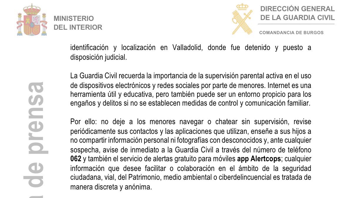 🛎️La Guardia Civil detiene a una persona por un delito de corrupción de menores⛔️
 
❌ Consiguió, mediante el uso de las redes sociales 👨🏻‍💻ganarse la confianza de un niño de 8 años para que le enviara imágenes íntimas📲

                   🆘0️⃣6️⃣2️⃣☎️