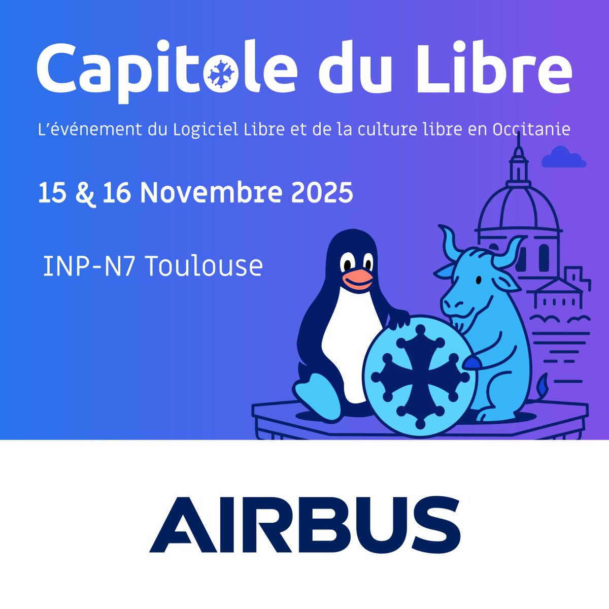 capitoledulibre's tweet photo. Merci à @Airbus pour son support de l'édition 2025 du Capitole du Libre.
Retrouvez-les tout le weekend sur leur stand dans le hall principal. https://t.co/W6Lo559RIb