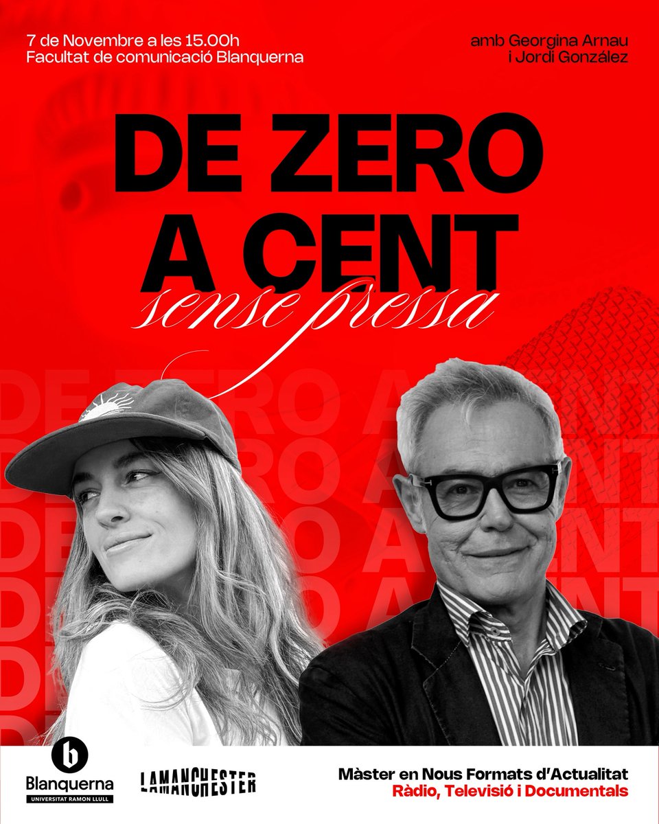 📻 Estrenem el pòdcast DE ZERO A CENT. Sense pressa

🎙️ <a href="/georginarnau/">Georgina Arnau</a> i els estudiants del Màster en Nous Formats d’Actualitat. Ràdio, Televisió i Documentals entrevistaran a <a href="/jordiGlez/">Jordi González</a>!

🗓️ Demà, a les 15 h.
📍 Vine a veure-ho a la Facultat de Comunicació Blanquerna!