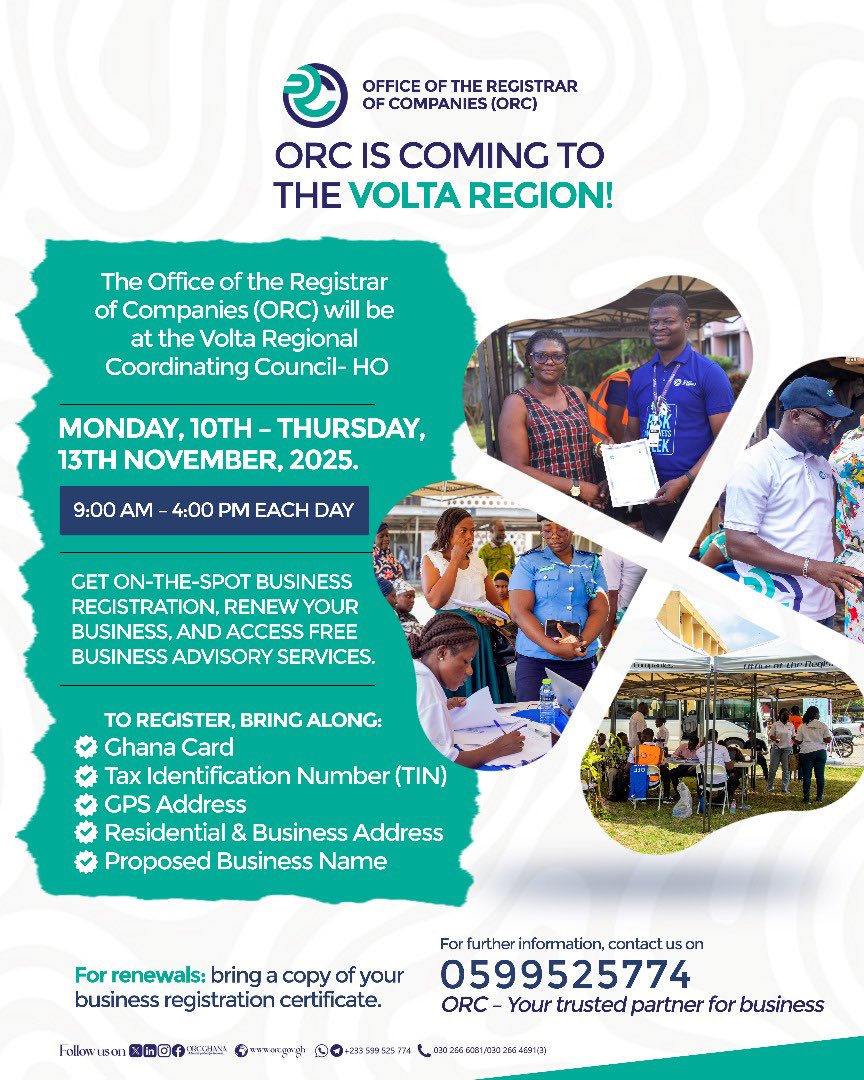 We are coming to Volta Region!
📍Ho, Volta RCC | 🗓️10–13 Nov | ⏰9AM–4PM
Register, renew, or get free business advice, all in one place!
#ORCGhana #BusinessMadeEasy #VoltaRegion