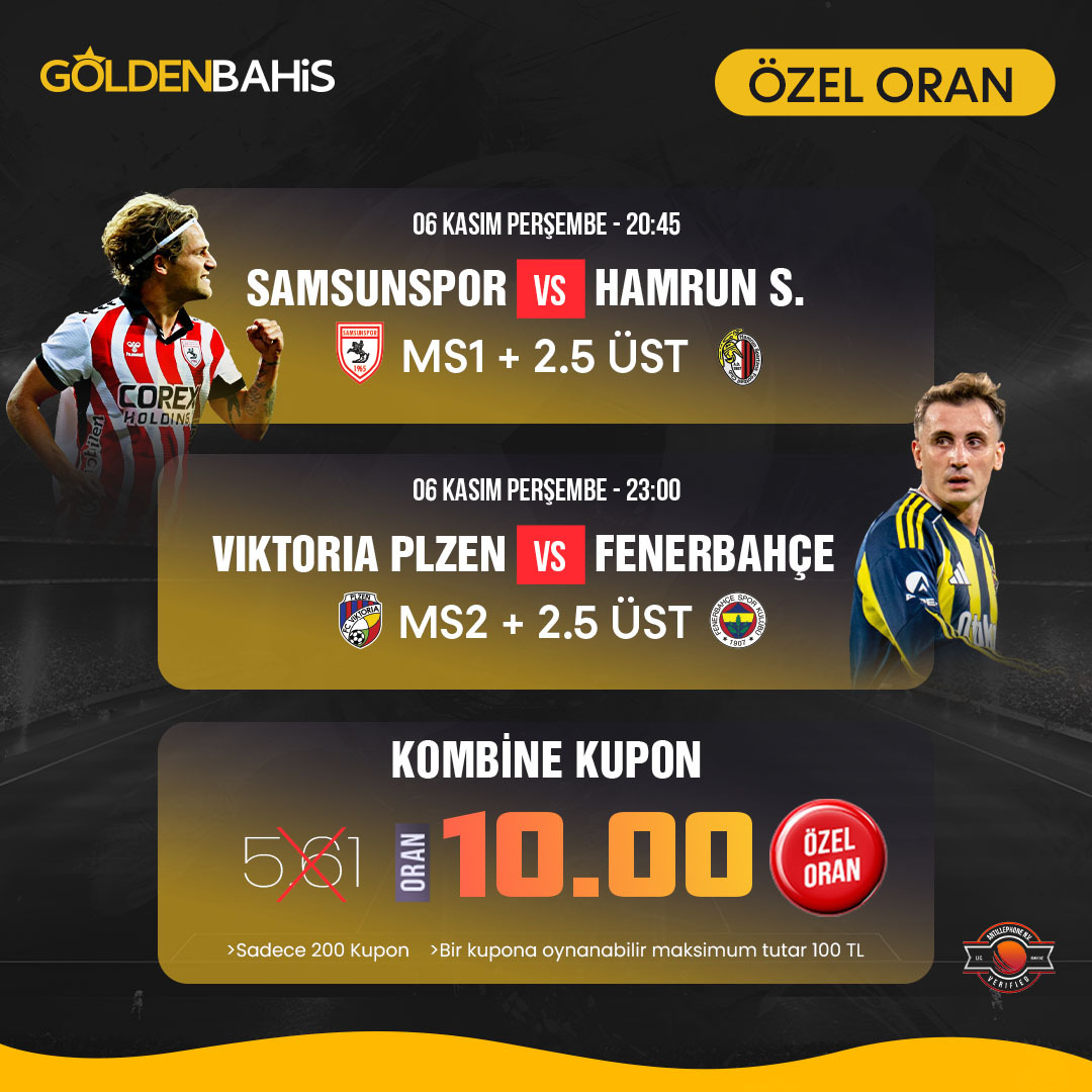 🔥 Özel Oran 🔥
GOLDENBAHİS Giriş: t2m.io/TWGL

⚽ Samsunspor vs Hamrun S. - MS1 + 2.5 Üst
⚽ Viktoria Plzen vs Fenerbahçe - MS2 + 2.5 Üst
💥 Kombine Oran: 10.00
⏳ Sadece 200 kuponla sınırlı!
Hemen katıl, kazancı katla 🚀

#ÖzelOran #Fenerbahçe #Samsunspor #UEL #UECL
