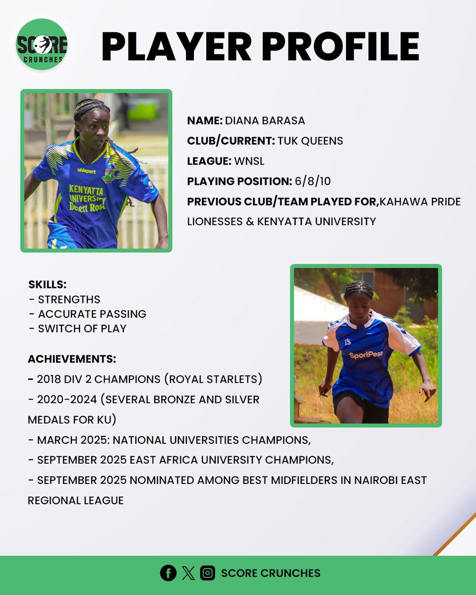 ke_score's tweet image. 🔥 TALENT 🔥 

Player Profile ⚽

In our today&apos;s player profile edition we cover #KenyattaUniversity captain,  Diana Barasa.

Diana plays for TUK Ravens .

Keep shinning Dee . 👏.

#ScoreCrunches