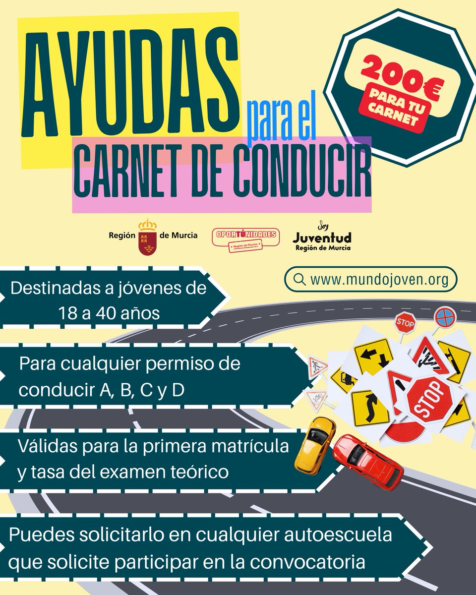📢Ayudas para que los jóvenes de la #RegióndeMurcia puedan sacarse el carnet de conducir  
➡️Jóvenes de 18 a 40 años  
➡️Para cualquier permiso de conducir A,B,C y D
➡️Para primera matrícula y tasa de examen teórico 
📲n9.cl/43i2n 
#mundojoven #OporTÚnidadesRM