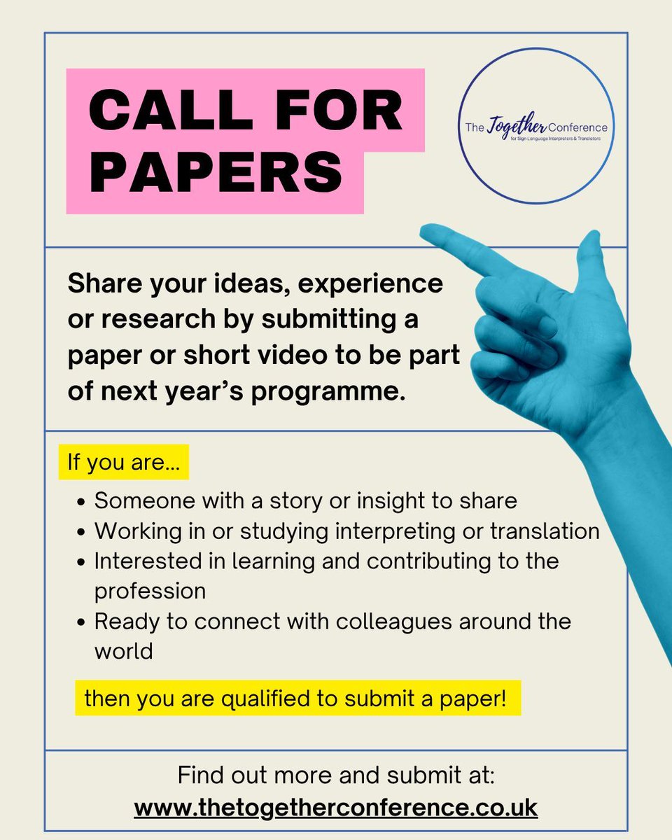 SignProfConf's tweet image. Call for Presenters – #SignProfConf2026

Have an idea, experience or insight to share? Submit a short paper or 5-min video for next year’s programme.

Theme: Pick It Up, Pass It On
🔗 tinyurl.com/38j8ukxm

#CallForPapers #Interpreters #Translators