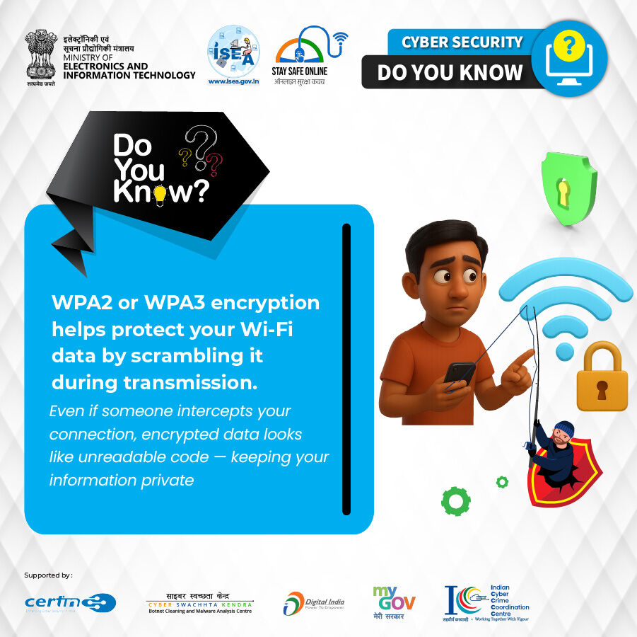 SSOIndia's tweet image. #DoYouKnow
🔒 Protect your WiFi with WPA2 or WPA3 encryption scrambled data keeps your information private even if intercepted 💻

#CyberSafety #WiFiSecurity #DataProtection #DigitalSafety #CyberAwareness #InfoSec #OnlinePrivacy #NetworkSecurity #SecureConnection #StaySafeOnline…