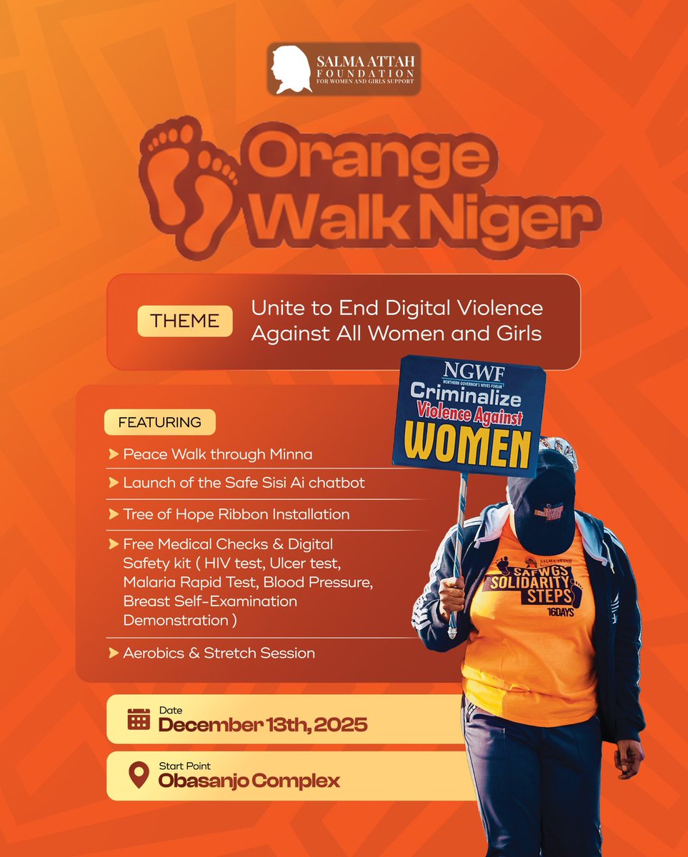 Orange Walk 2.0 is back and it is packed … Are you going to walk with us this year? 
Get your tickets and make your dp here
safwgs.org/happening/

#OrangeWalkNiger2025 #SafeSisi #UNiTE #EndGBV #safwgs #orangewalkNiger