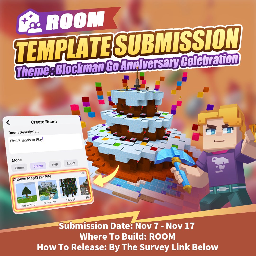 Blockmanfirst's tweet photo. 🎉 Blockman Go 8th Anniversary is Coming! 🎉
This time, the scenes are created by Mangoes like YOU!
Build your own anniversary Room, save it, record a short video, and submit it through the link below:
https://t.co/63QbgoeTzU
#blockmango #blockman #bg8th #mmorpg #game #onlinegame https://t.co/1iS8XJWwX1