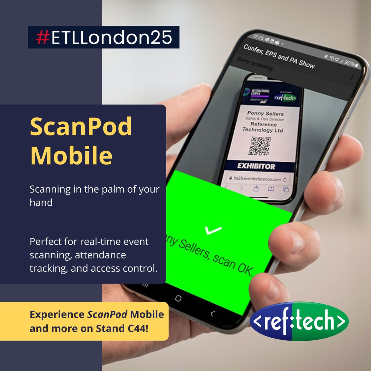 RefTechnology's tweet image. 📱Want to greet your attendees and give them a personal welcome? ScanPod Mobile is our scanning solution in the palm of your hand. Perfect for all your scanning needs.
Join us on stand C44 at #ETLLondon25 to see it in action
#EventTech #Exhibition #RefTech