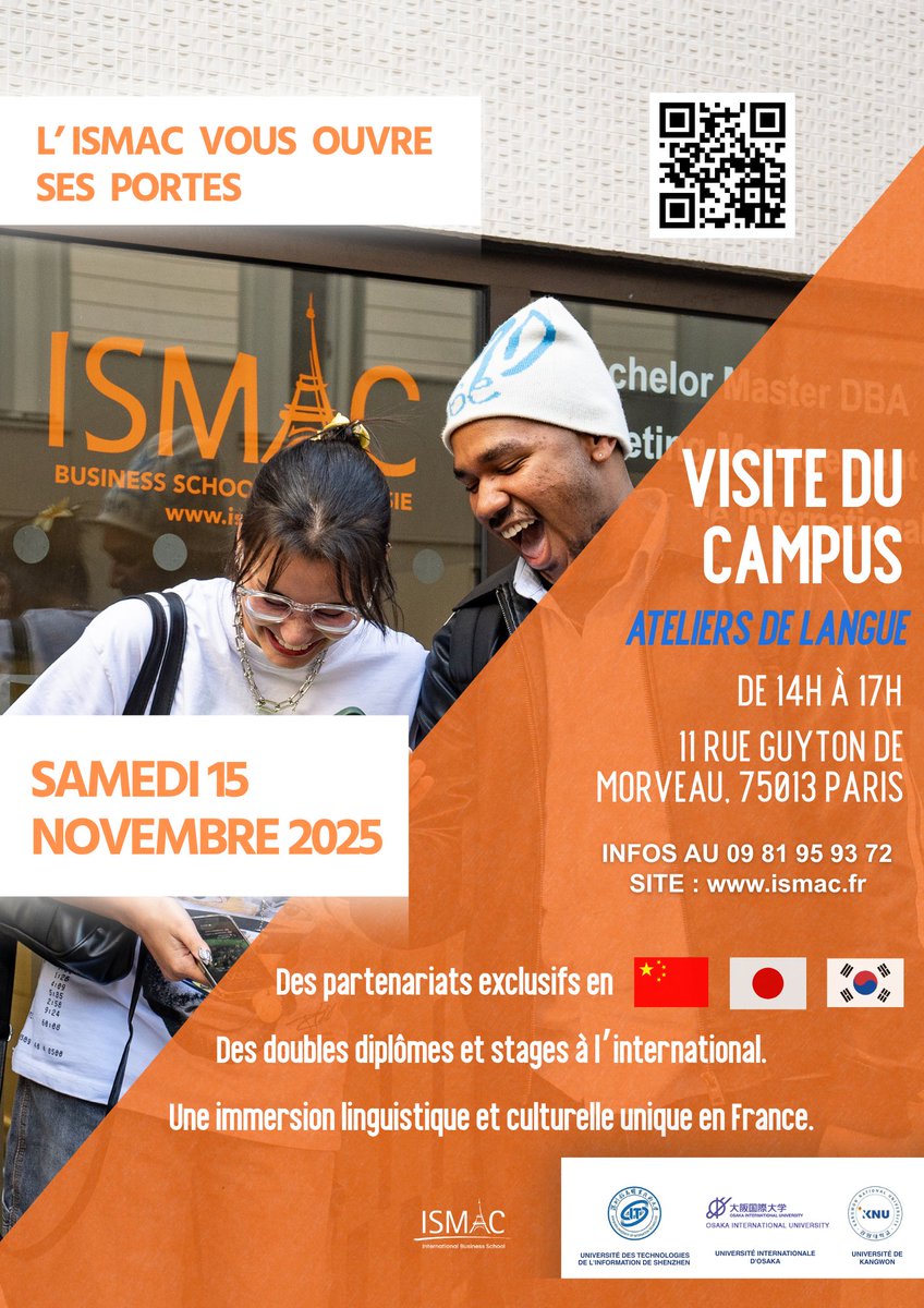 ISMAC_Paris's tweet photo. L'école #ISMAC vous ouvre ses portes. Intéressés par une #école qui vous ouvre les portes de l'#Asie, venez découvrir l'ensemble de ses formations en #marketing international
#Japon #Chine #Corée https://t.co/OKihHKmIAn