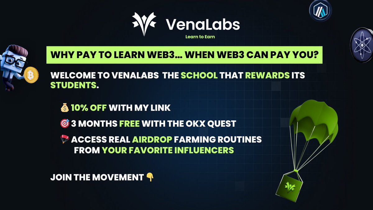 crocodile172566's tweet image. Web3 education just got smarter! @VenaLabs rewards you for learning, without paying to grow. 🎯 3 months free with OKE Quest 
💰Earn as you improve your skills
Check here👉 venalabs.com/v2?code=NDYPNL…
#Web3 #VenaLabs #CryptoLearning #LearnToEarn