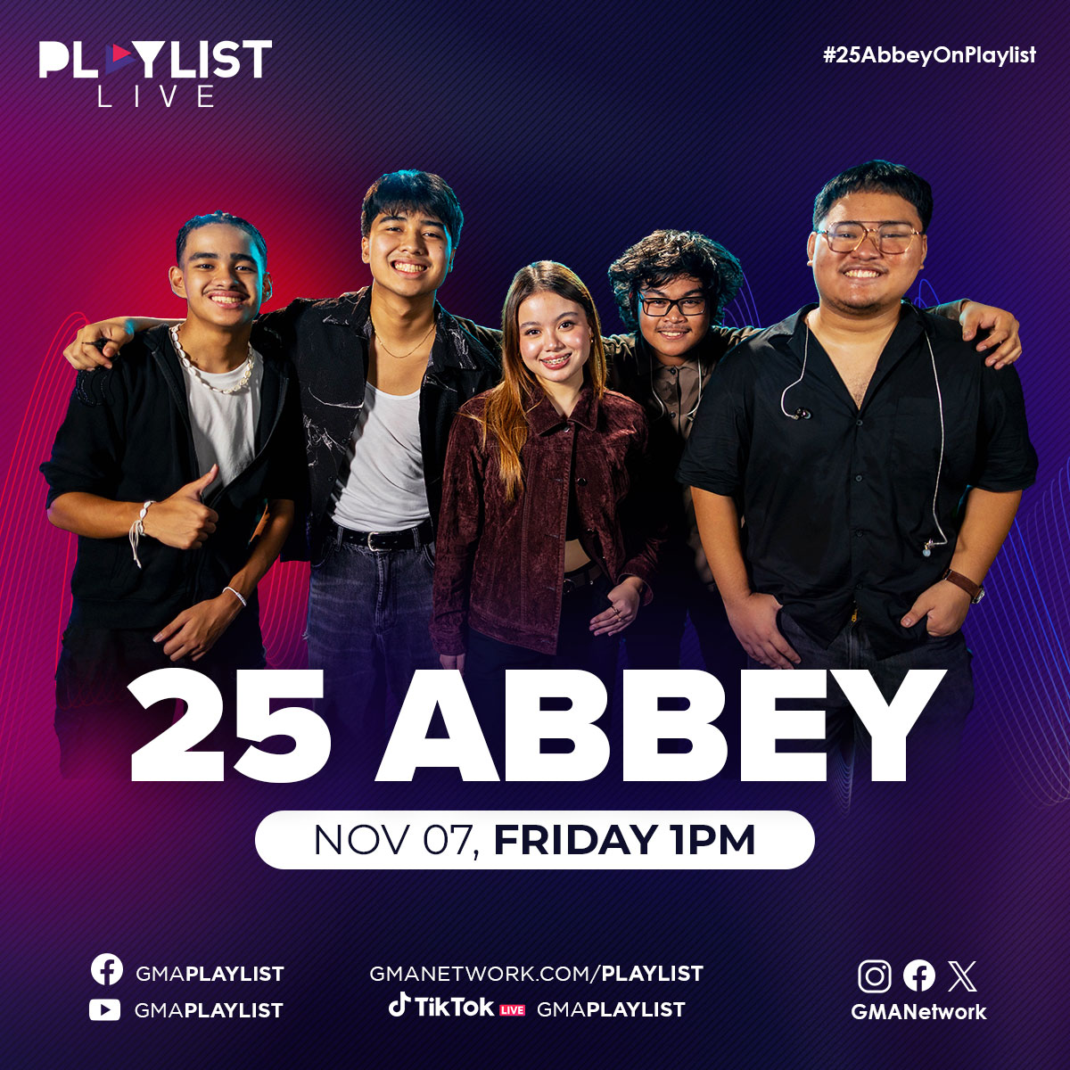 Get to know OPM band 25 Abbey on GMA Playlist!

Catch them LIVE tomorrow, Nov 7, at 1pm on GMA Playlist. Seeya! 

Have questions for them? Comment below!

#25Abbey #25AbbeyonPlaylist #GMAPlaylist