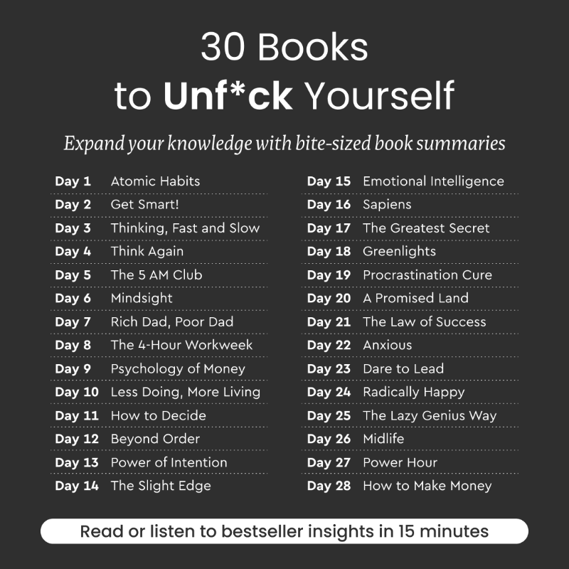 blinkist's tweet photo. 🤯 Thousands swear by the tips to unf*ck themselves with these 30 books. 

I gave it a go to see what all the fuss was about.