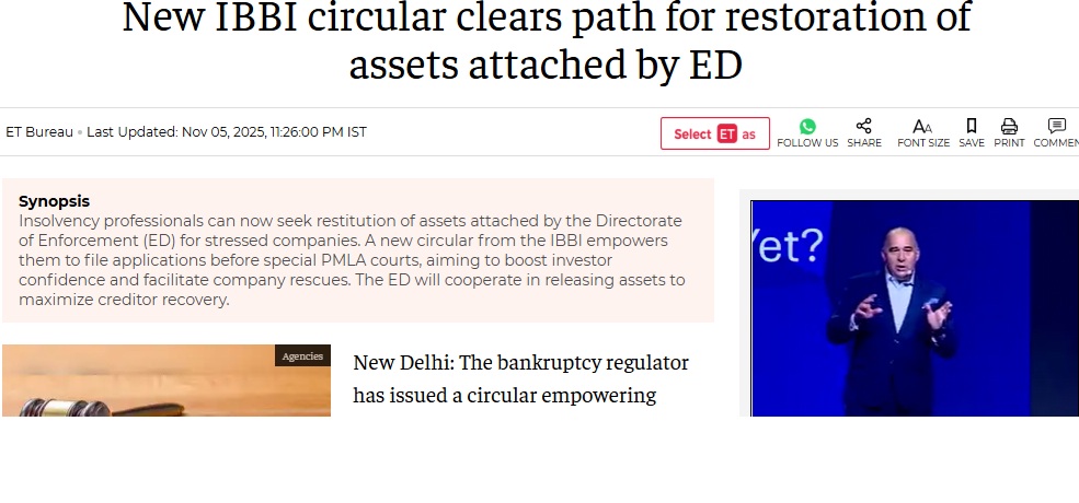 TanujLodha's tweet photo. The #IBBI has issued a circular to get back assets  seized by the Enforcement Directorate (#ED) in fraud or money-laundering cases. IP can now approach the special #PMLA court to request release of attached assets,  to repay banks, #homebuyers and other creditors. https://t.co/71BBs1yCjW