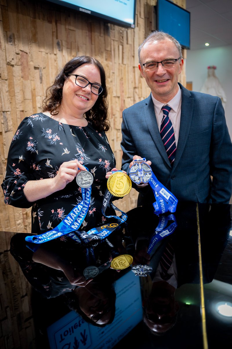 SaintMarysDerry's tweet image. Huge congratulations to staff member Ms Michelle Curran, who recently completed the London, Galway, and Dublin marathons respectively this year - an incredible achievement. Michelle is pictured here with Mr Brendan McGinn, Principal.