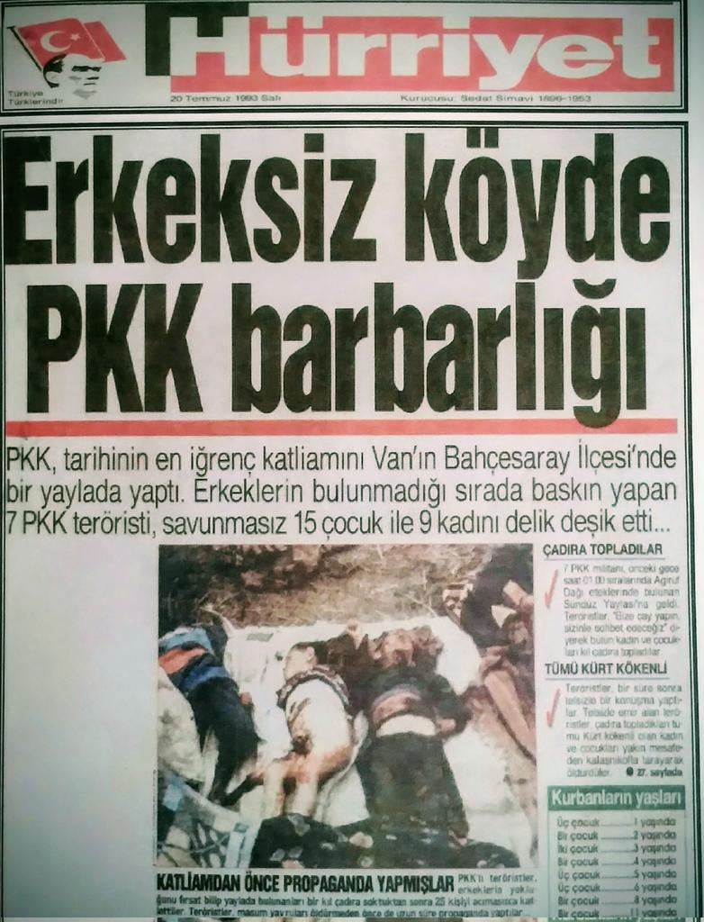 Yıl 1993'dü.
PKK militanlarının, şimdi barış güvercini ilan edilmeye çalışılan Öcalan'ın "devlet yanlısı olan, bilgi taşıyan kim varsa tavuğunu bile imha edin!" talimatı üzerine gerçekleştirdiği katliamlardan biridir Bahçesaray katliamı.
Aslında katliam yanlış terminoloji, tipik