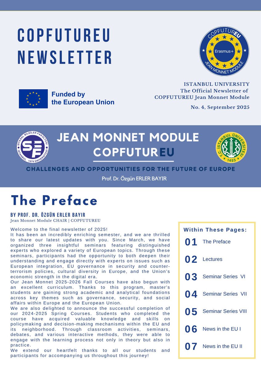copfutureu_jm's tweet photo. The fourth edition of the COPFUTUREU Newsletter is out now!
This issue highlights the completion of the Spring Course, the start of the Fall 2025–2026 term, and three engaging seminars on EU governance, security, cultural diversity, and digitalization. https://t.co/VWq71ikLNH