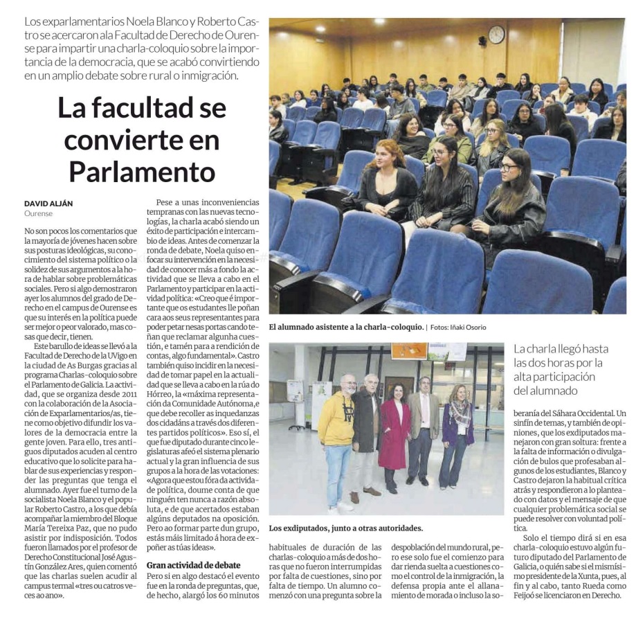 O alumnado da Facultade de Dereito coñeceu as funcións do Parlamento de Galicia nunha charla-coloquio con Roberto Castro e Noela Blanco 🏛️📘
📍Campus de Ourense
🔗 Máis info: goo.su/a6Qr0
#Dereito #UVigo #Parlamento 💼