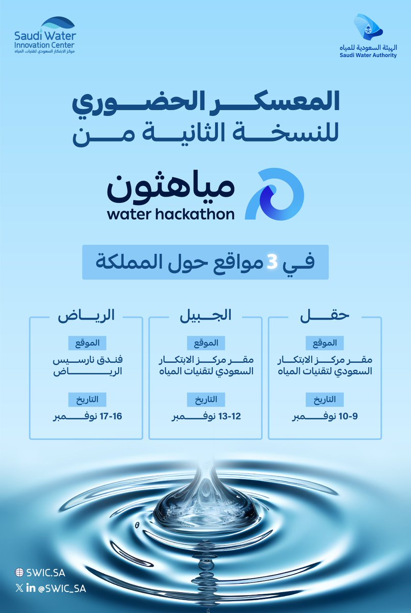 المعسكر الحضوري لنسخة مياهثون الثانية ينطلق في ثلاث مدن، ضمن رحلة تجمع المبدعين لتطوير الأفكار ونمذجتها نحو حلول مبتكرة تعزز مستقبل قطاع المياه.

#استدامة_وابتكار
#مياهثون
#نبتكر_للعالم