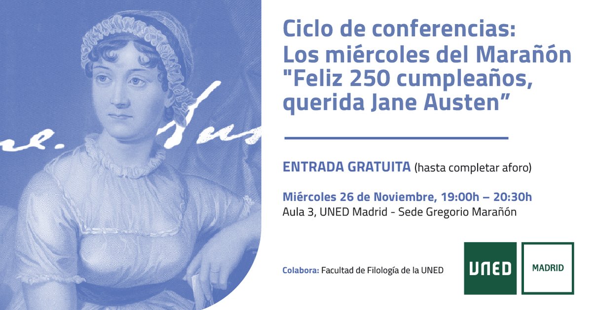 uned_filologia's tweet photo. 🎂Los miércoles del Marañón conmemoran el 250 aniversario de Jane Austen con un ciclo de conferencias titulado "Feliz 250 cumpleaños, querida Jane Austen”
🗓️26 de noviembre
⏱️19:00
📍Aula 3, UNED Madrid - Gregorio Marañón

@uned_filologia @UNEDMadrid @DepExtranjeras https://t.co/e5rZXfVB0V