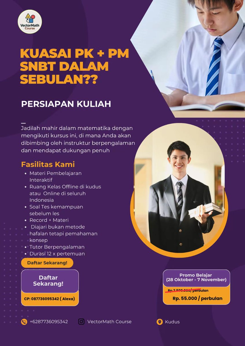MusicMfr50197's tweet photo. ✨ Fasilitas Kelas Online:
🎥 Live &amp; Rekaman tiap pertemuan
🧠 Materi interaktif &amp; latihan soal kemampuan
📚 Pemahaman konsep, bukan hafalan
👨‍🏫 Tutor profesional
📅 12x pertemuan intensif
🌎 Bisa diakses dari mana saja di Indonesia
#snbt #tka #bocorantka #gapyear #PTN https://t.co/H65UpYu5R3