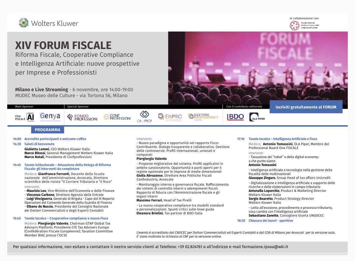 Il Forum tax <a href="/Wolters_Kluwer/">Wolters Kluwer</a> al MUDEC a Milano oggi dalle 14. I vertici di Governo, Agenzia delle Entrate e Guardia di Finanza  a confronto con il mondo delle professioni e delle grandi aziende. Focus su legge di bilancio (e speriamo anche sulle necessarie modifiche, a partire
