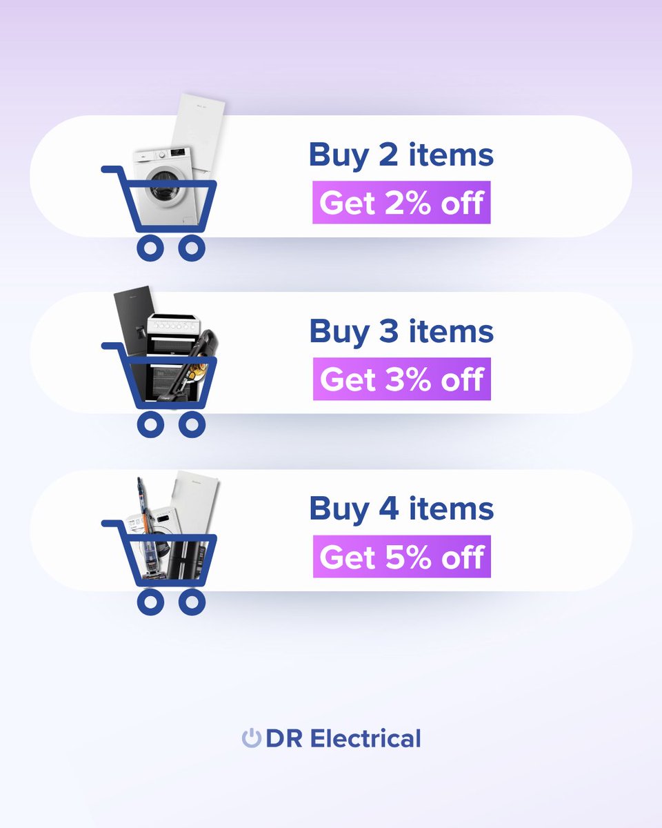 DRElectricalUK's tweet image. Buy more and spend less with our multi-buy savings! ✨

Buy 2 → Get 2% off

Buy 3 → Get 3% off

Buy 4 → Get 5% off

The perfect excuse to refresh your home in one shop. 🏡🔥

Start saving here: bit.ly/3WDCxrk 

#offer #savings #multibuy #deals #appliances