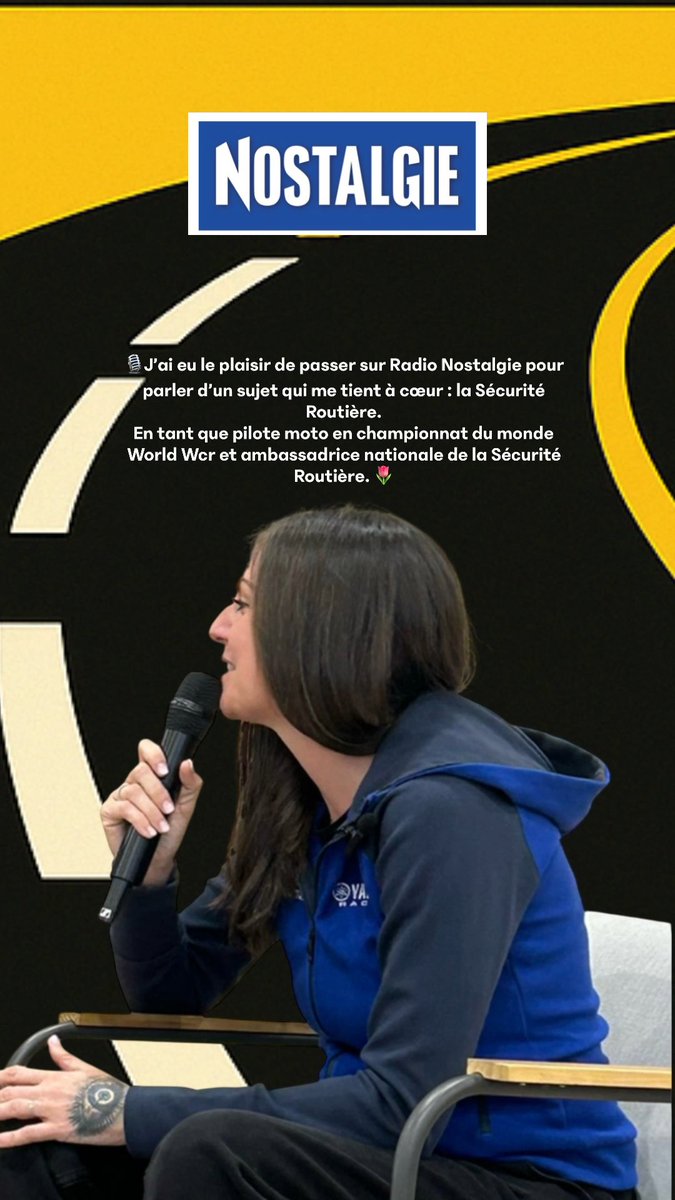 🎙️ Ce matin, j’ai eu le plaisir de passer sur Radio Nostalgie pour parler d’un sujet qui me tient à cœur : la Sécurité Routière.
En tant que pilote moto championnat du monde <a href="/World_WCR/">WorldWCR</a> et ambassadrice de la Sécurité Routière <a href="/RoutePlusSure/">Sécurité routière</a> 🌷