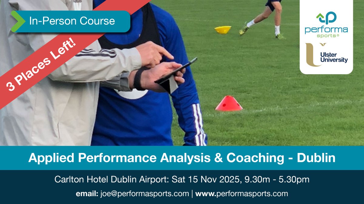 🚨3 Places Left! 
Join us in Dublin with <a href="/UlsterSchSport/">School of Sport & Exercise Science</a> to get hands on with video, data analysis &amp; coaching 

📢Applied Performance Analysis &amp; Coaching Course
📅Sat 15 Nov, 9.30am-5.30pm
📍Carlton Hotel Dublin Airport
#AlwaysLearning     

Learn more▶️ performasports.com/product/applie…