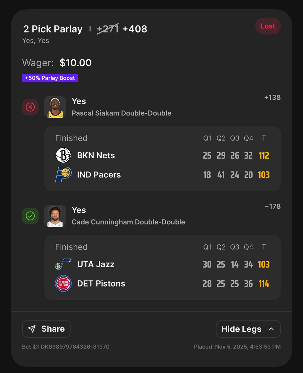 DavisCyrus's tweet photo. @DKSportsbook Why was this not paid out??? Siakam had a double double @BarstoolBigCat please help @DK_Assist https://t.co/IxMJNrfGA2