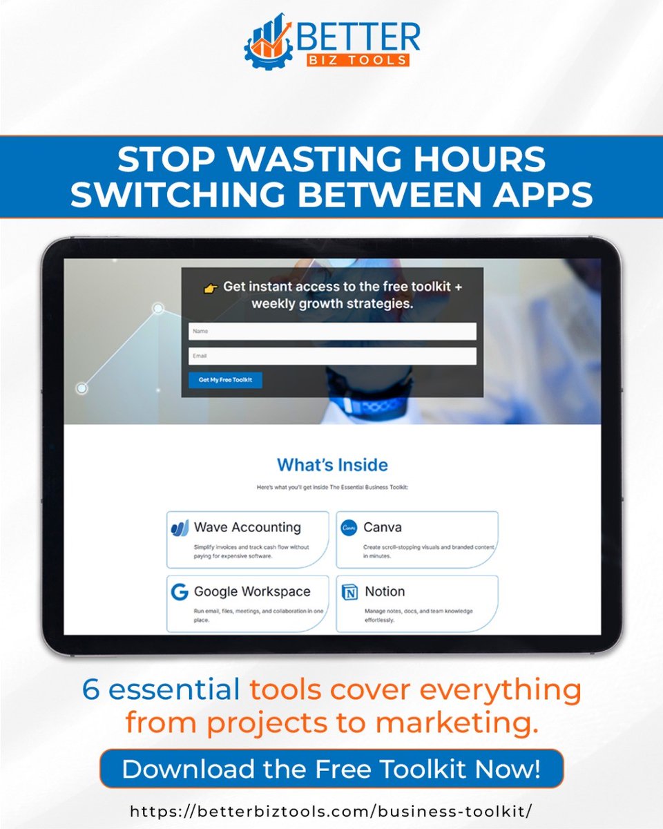 betterbiztool's tweet photo. 𝗧𝗶𝗿𝗲𝗱 𝗼𝗳 𝘀𝘄𝗶𝘁𝗰𝗵𝗶𝗻𝗴 𝗯𝗲𝘁𝘄𝗲𝗲𝗻 𝗮𝗽𝗽𝘀 𝗮𝗹𝗹 𝗱𝗮𝘆?
Get 6 essential tools that run your business in one place.

Download the free toolkit now!
https://t.co/QQqqqeN2QW
#businesstools #productivity https://t.co/dgYVaxxwVN