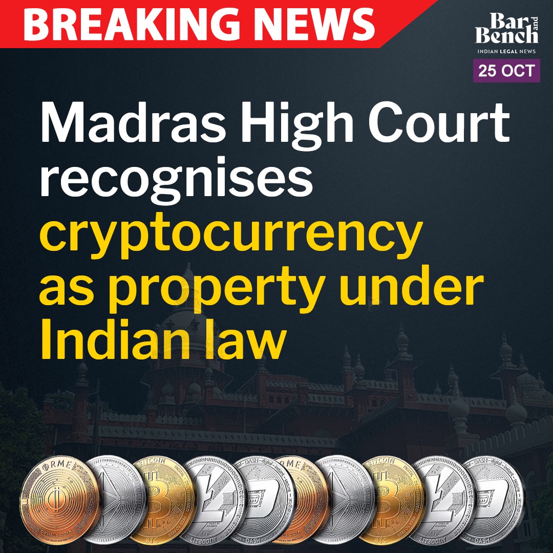 🚨Crypto Legally Recognised as Property: Madras High Court ‼️ HC ruled that  cryptocurrency, though not currency or tangible, qualifies as property that  can be owned and enjoyed.