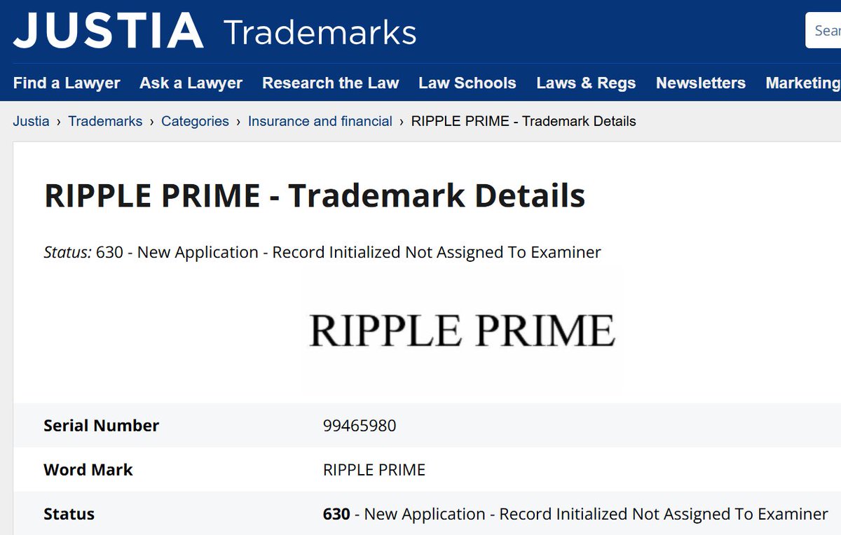 NEW APPLICATION Officially ENTERED.

International classification: Insurance; financial affairs; monetary affairs; real estate affairs. 

Ripple Prime, formerly Hidden Road.