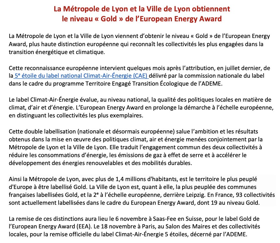 🥇🇪🇺 La Ville et la Métropole de Lyon récompensées par la plus haute distinction européenne pour leur engagement sur le climat et l'énergie 👏

Des choix politiques clairs et innovants, pour aujourd'hui et les générations à venir.

Pour le territoire, il faut continuer 🤝