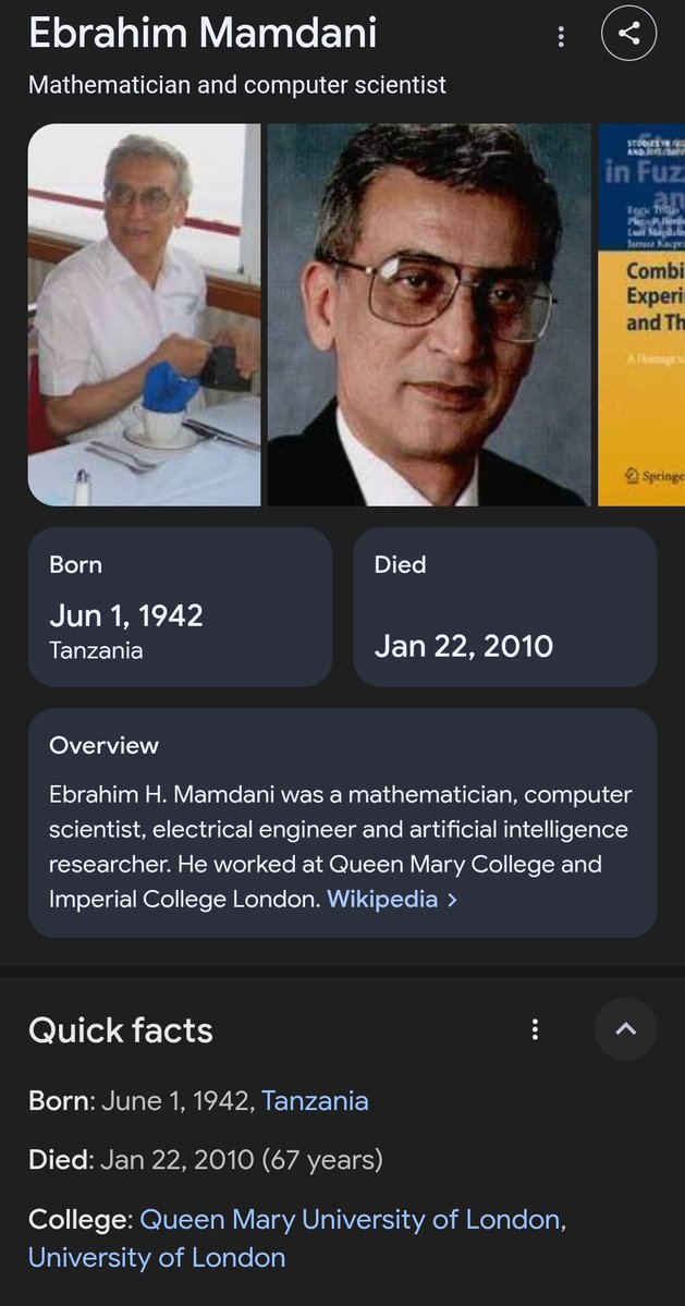 prhmsk's tweet image. The only Mamdani who I know and respect.
In 1975, electrical engineering professor Ebrahim Mamdani, together with his student Seto Assilian; transformed «Lotfi Zadeh’s» abstract theory of fuzzy logic into practical reality by developing the first #fuzzyLogic controller.