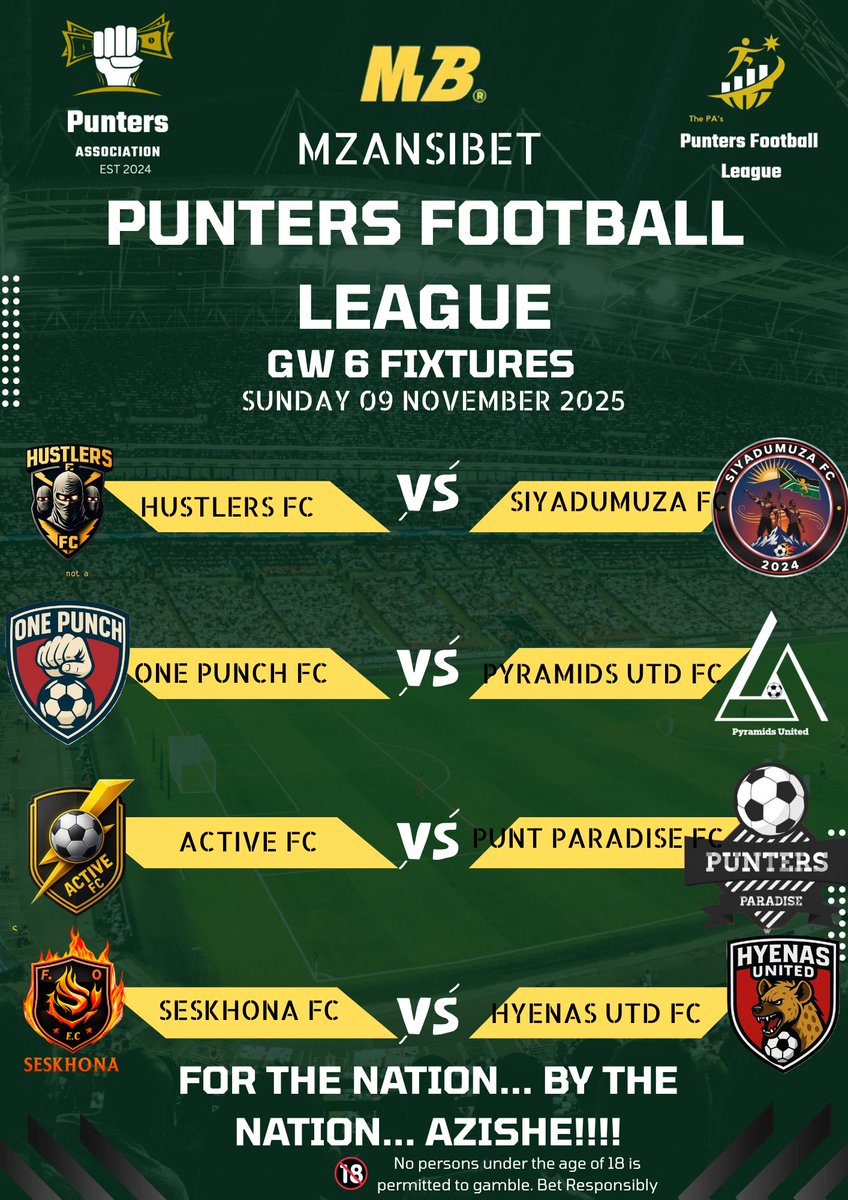 The_PA2024's tweet photo. PUNTERS FOOTBALL LEAGUE MATCHWEEK 6 FIXTURES!!💥💥

The last games before another international break hit.🤦🏽‍♂️ We have a 6 way battle for the top as all the teams are looking to aim high this time .

Who are you backing to dethrone the 5 week log leaders Active FC at the top? Send predictions below🙇🏽🫡

#PFL
#THEPA
#MZANSIBET

@Sassy_247  @zubenathihlong2 @Ziggy_Diver1 @Twince8l_M @SeongmanKajumba @SOPHUSHA_Until @WHYVIE26 @artist_nhlanhla @OmphemetseDich1 @YonkoBilly10 @Kardie_M @Afrikakula1 @TshipiYaMokoena @thabang01791037 @muncho_swish @StuurmanAx @czwe_nyathi @nkosinathijail1